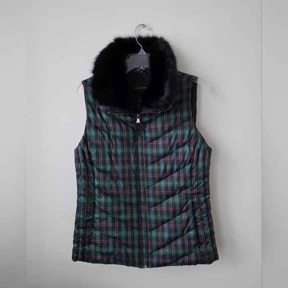 NWT TALBOTS | Down Faux Fur Collar Puffer Vest Tartan Green Sz M - Picture 3 of 7